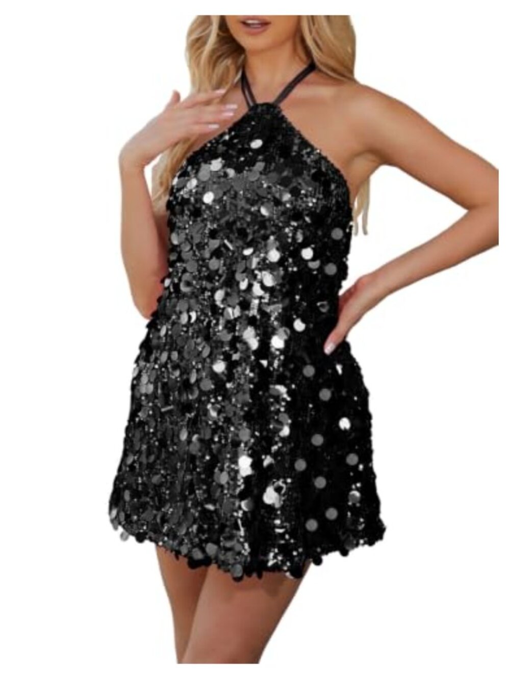 Sequin Halter Neck Mini Dress Backless Sparkly Party Club Dress